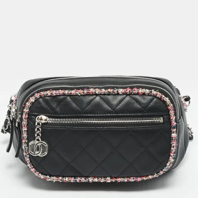 Pre-owned Chanel Elegant Black Quilted Leather And Tweed Trim Belt Bag