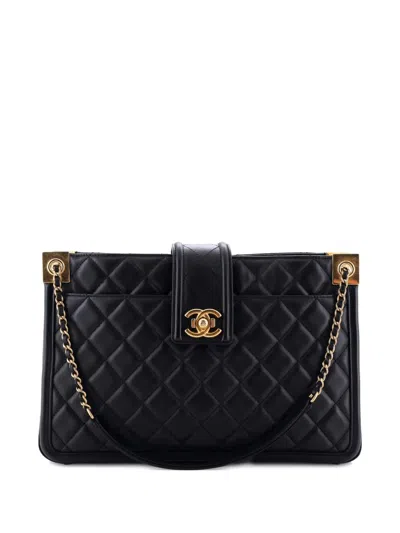Pre-owned Chanel Elegant Cc Tote Quilted Lambskin Large Satchel In Black