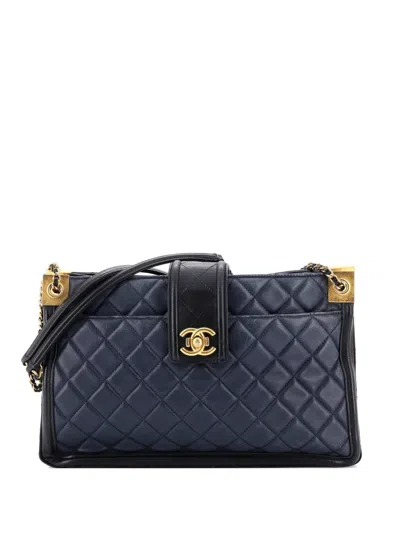 Pre-owned Chanel Elegant Cc Tote Quilted Lambskin Large Satchel In Black