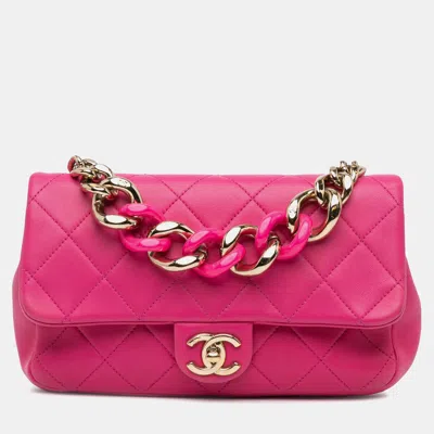 Pre-owned Chanel Elegant Chain Single Flap Small Lambskin Shoulder Bag In Pink