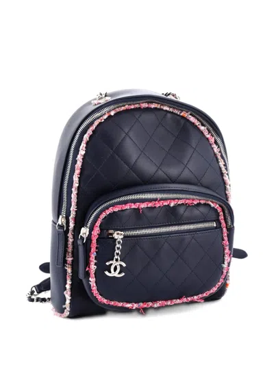 Pre-owned Chanel Elegant Trim Quilted Leather With Tweed Small Backpack In Blue