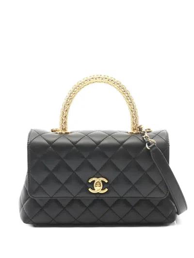 Pre-owned Chanel Embellished-handle Quilted Satchel Bag In Black