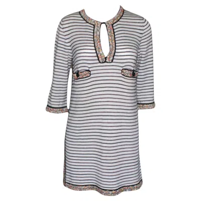Pre-owned Chanel Embellished Striped Beaded Cashmere Blend Tunic Kaftan Mini Dress 34 In Gray
