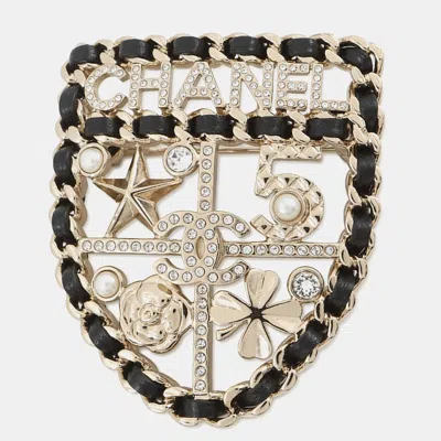 Pre-owned Chanel Emblem Icon Brooch Silver/black Metal Lambskin Faux Pearl Rhinestone