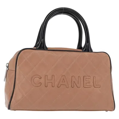 Pre-owned Chanel Embossed Logo Bowler Bag Quilted Caviar Beige Leather Handbag () In Sand