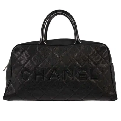 Pre-owned Chanel Embossed Logo Bowler Bag Quilted Caviar Black Leather Travel Bag Bag ()