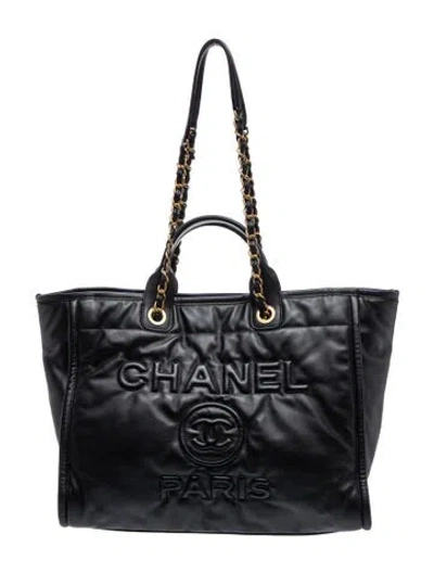 Pre-owned Chanel Embossed Medium Deauville Tote In Black