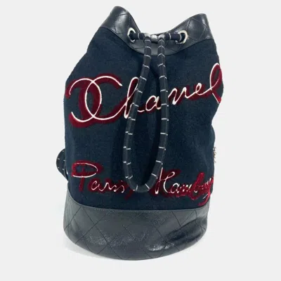 Pre-owned Chanel Embroidered Drawstring Shoulder Chain Wool Leather Black Bag In Blue