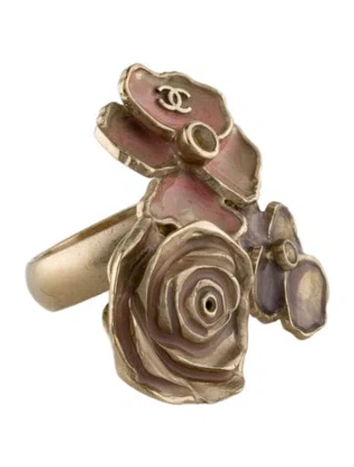 Pre-owned Chanel Enamel & Strass Cc Flower Ring In Multi