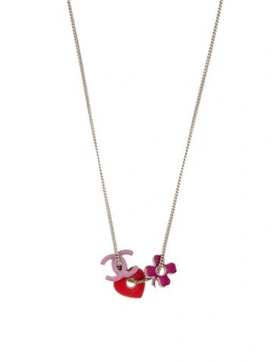 Pre-owned Chanel Enamel Cc, Clover & Heart Necklace, 16" In Multi
