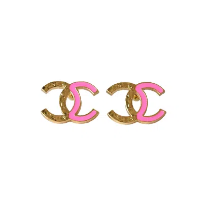 Pre-owned Chanel Enamel Cc Two Tone Stud Earrings Pink Gold