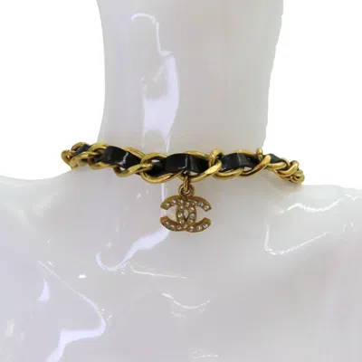 Pre-owned Chanel Enamel Leather Coco Mark Necklace Choker 96 In Gold