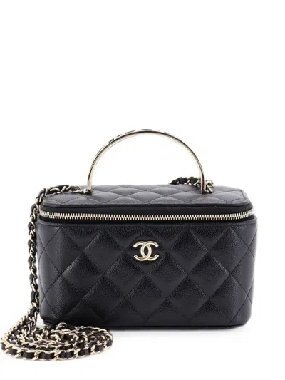 Pre-owned Chanel Enamel Logo Cc Top Handle Vanity Case With Chain Quilted Caviar Small Satchel In Black