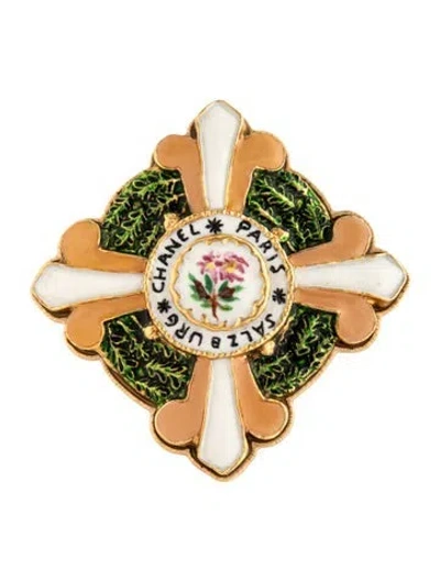 Pre-owned Chanel Enamel Paris-salzburg Cross Pin Brooch In Black/brown/green