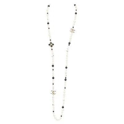 Pre-owned Chanel Enamel Pearl Station Necklace In Silver