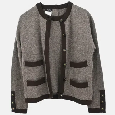 Pre-owned Chanel Ensemble Cardigan Brown Knit Top Size 38