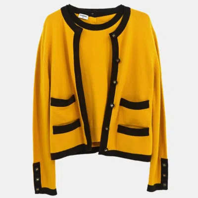Pre-owned Chanel Ensemble Cardigan Short Sleeve Top Yellow Size M