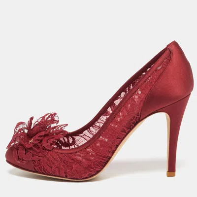 Pre-owned Chanel Escarpins Size 38.5 Red Lace And Satin Peep Toe Pumps