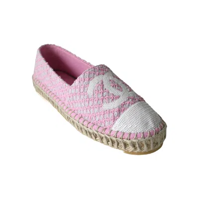 Pre-owned Chanel Espadrilles Tweed Lambskin Flats Light Pink White