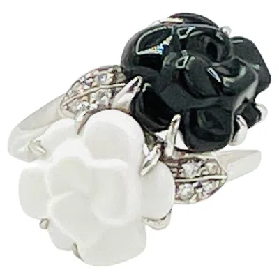 Pre-owned Chanel Estate  Agate, Onyx And Diamond Camelia Ring In 18k White Gold