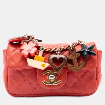 Pre-owned Chanel Extra Mini Cc Quilted Lambskin Cruise Charms Flap Bag In Red