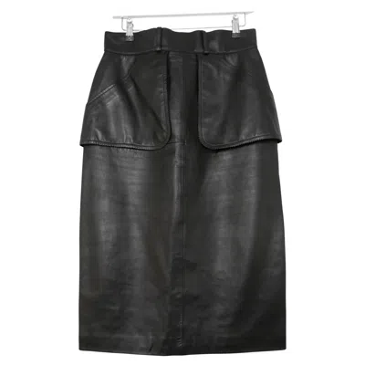 Pre-owned Chanel Fall 1992 Vintage Black Leather Cc Button Skirt, Size Fr44/uk16