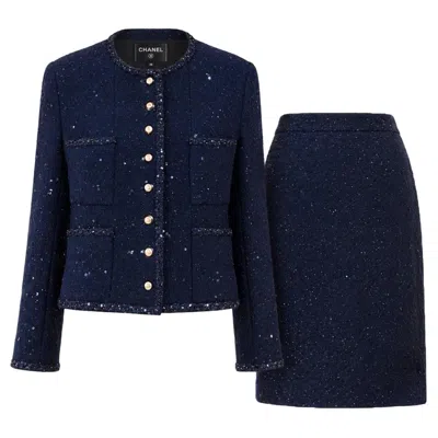 Pre-owned Chanel Fall 1993 Runway Navy Sequin Tweed Suit 44 Fr In Blue