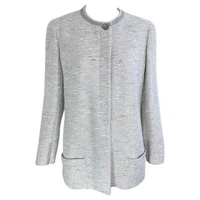 Pre-owned Chanel Fall 1999 Runway Size 46 Large Silver Tweed Vintage Blazer Jacket Pockets