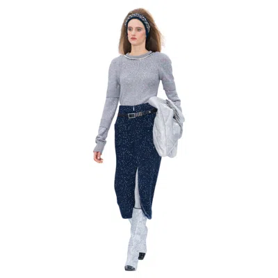 Pre-owned Chanel Fall 2017 17k Sequin Fantasy Tweed Zip Front Midi Pencil Skirt In Gray