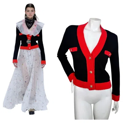 Pre-owned Chanel Fall 2019 Runway Look 49 Black Red Cashmere Lion Button Cardigan