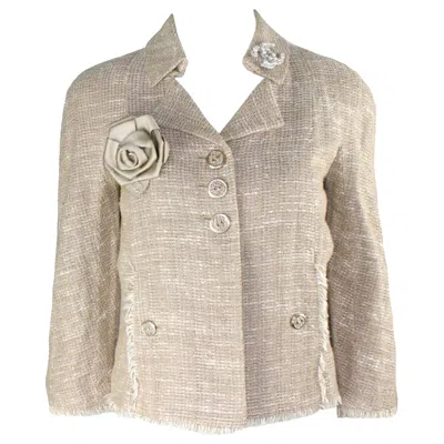 Pre-owned Chanel Fantasy Tweed Fringed Trim Jacket Blazer Linen Silk Blend 38 In Sand