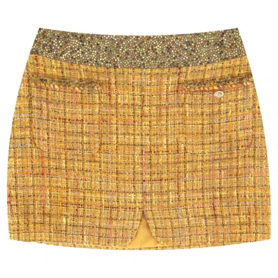 Pre-owned Chanel Fantasy Wool Tweed & Crystal Mini Skirt In Brown