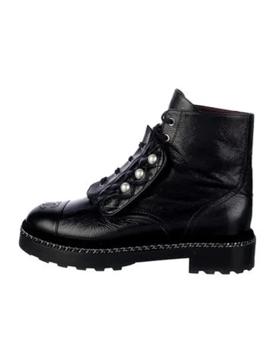 Pre-owned Chanel Faux Pearl Accents Calfskin Combat Boots In Black