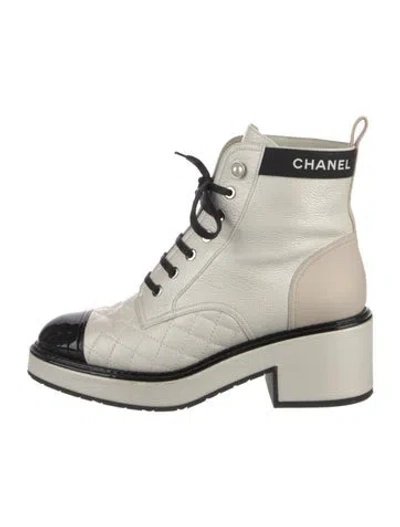Pre-owned Chanel Faux Pearl Accents Calfskin Combat Boots In Neutral