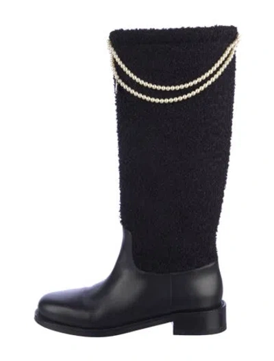 Pre-owned Chanel Faux Pearl Accents Leather Riding Boots In Black
