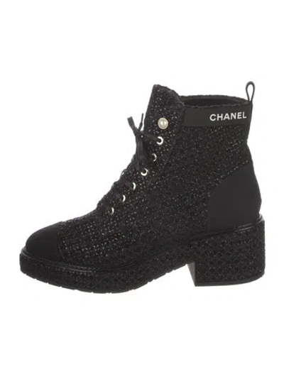 Pre-owned Chanel Faux Pearl Accents Printed Combat Boots In Black