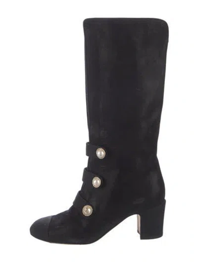 Pre-owned Chanel Faux Pearl Accents Suede Boots In Black