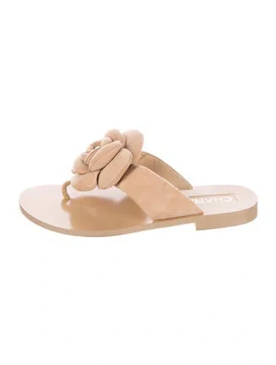 Pre-owned Chanel Faux Pearl Accents Suede Slides In Neutral