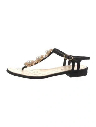 Pre-owned Chanel Faux Pearl Accents T-strap Sandals In Black