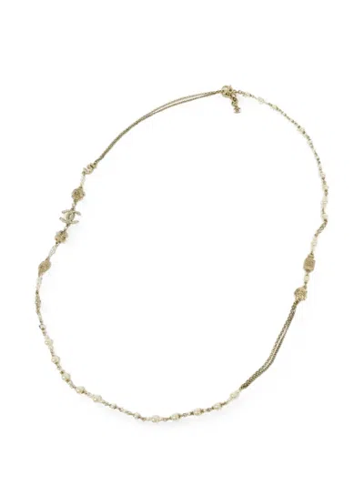 Pre-owned Chanel Faux Pearl And Cc Necklace In Gold