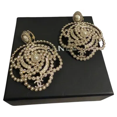 Pre-owned Chanel Faux Pearl & Crystal Camelia Cc Clip On Dangle Earrings In Multiple