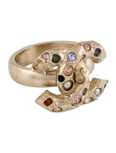 Pre-owned Chanel Faux Pearl & Crystal Embellished Cc Ring In Multi