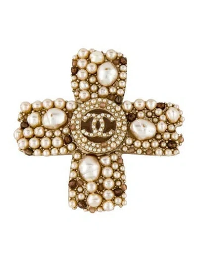 Pre-owned Chanel Faux Pearl & Enamel Cc Cross Convertible Pendant Brooch, 3.5" In Multi