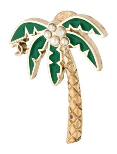 Pre-owned Chanel Faux Pearl & Enamel Cc Palm Tree Brooch In Multi