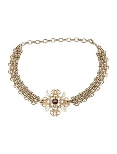 Pre-owned Chanel Faux Pearl & Enamel Chain Choker Necklace, 16" In Multi