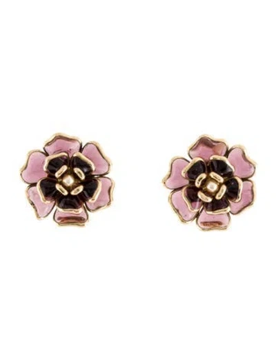 Pre-owned Chanel Faux Pearl & Glass Camélia Clip-on Earrings In Purple