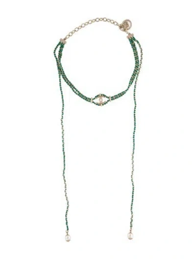 Pre-owned Chanel Faux Pearl & Leather Cc Choker Necklace, 15" In Multi