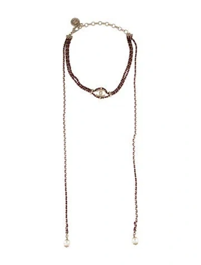 Pre-owned Chanel Faux Pearl & Leather Cc Choker Necklace, 15.5" In Multicolor