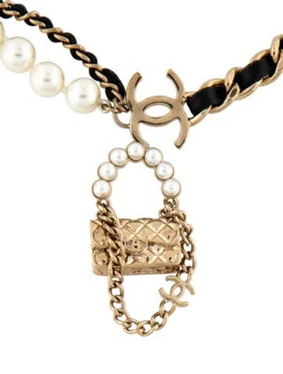 Pre-owned Chanel Faux Pearl & Leather Double Strand Choker Necklace, 17.5" In Black