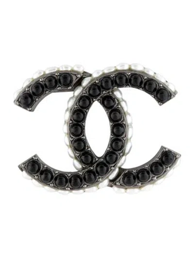 Pre-owned Chanel Faux Pearl & Resin Cc Brooch In Black
